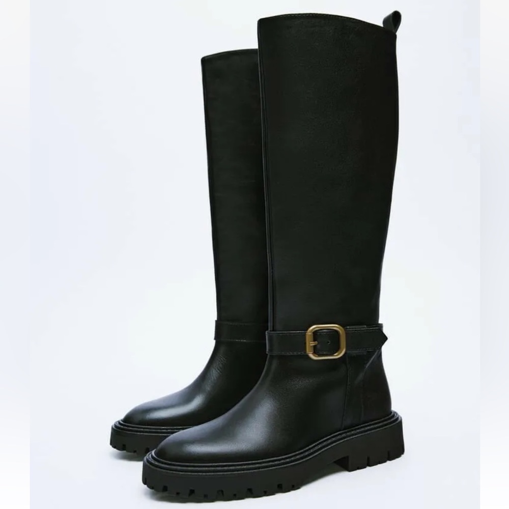 ZARA BLACK FLAT LEATHER RIDING BOOTS WITH GOLD BUCKLE NWT